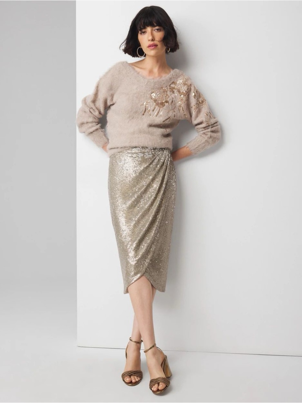 Sequin Wrap Pencil Skirt in Gold